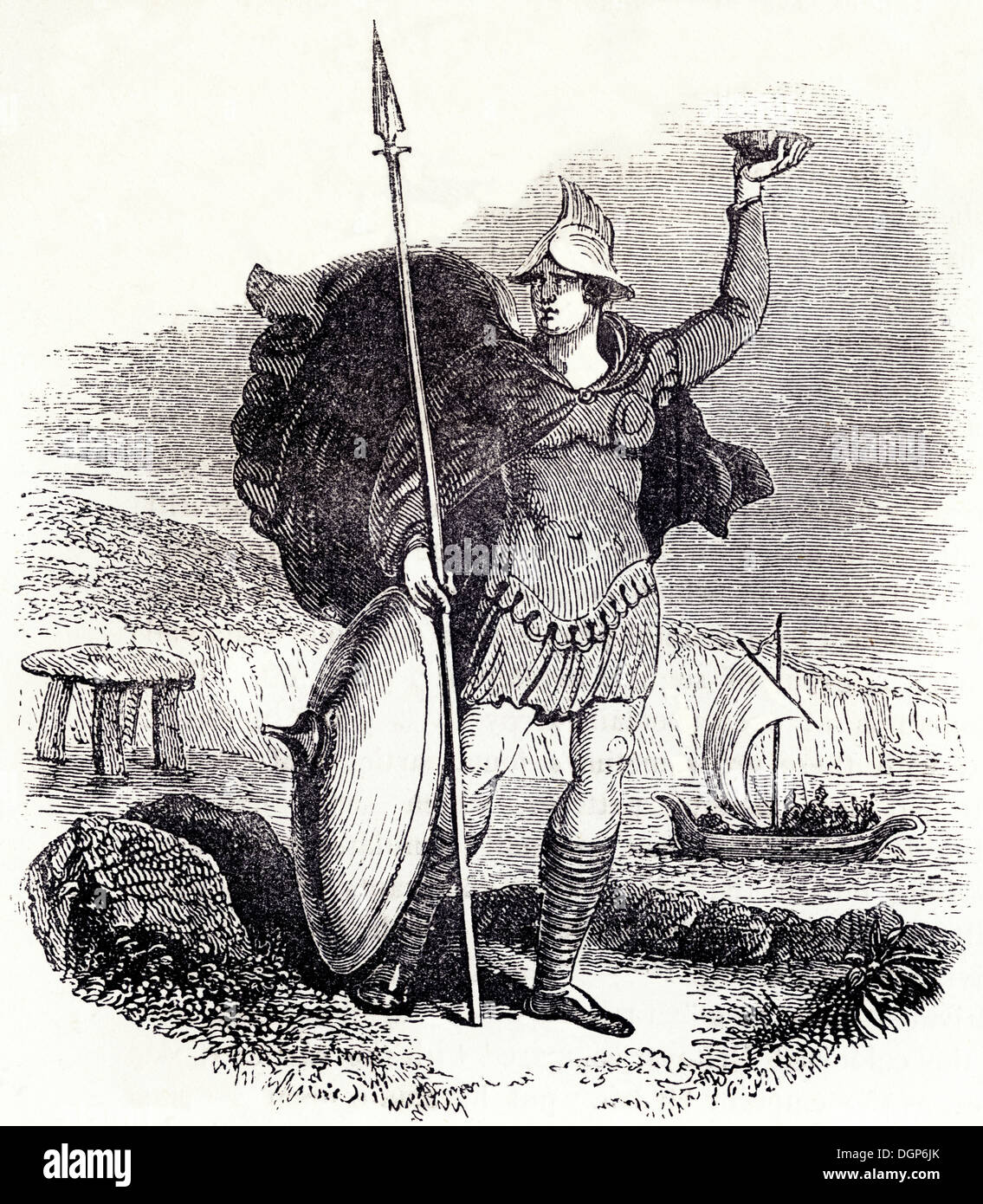 L'Angleterre anglo-saxonne. Armes et costumes d'un chef militaire de Saxon. Circa 1845 gravure sur bois de l'époque victorienne. Banque D'Images