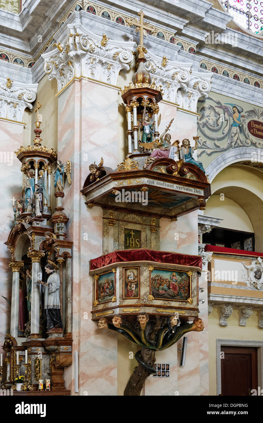 Chaire des sept péchés capitaux, l'église paroissiale de Vorchdorf, Muehlviertel région, Haute Autriche, Autriche, Europe Banque D'Images