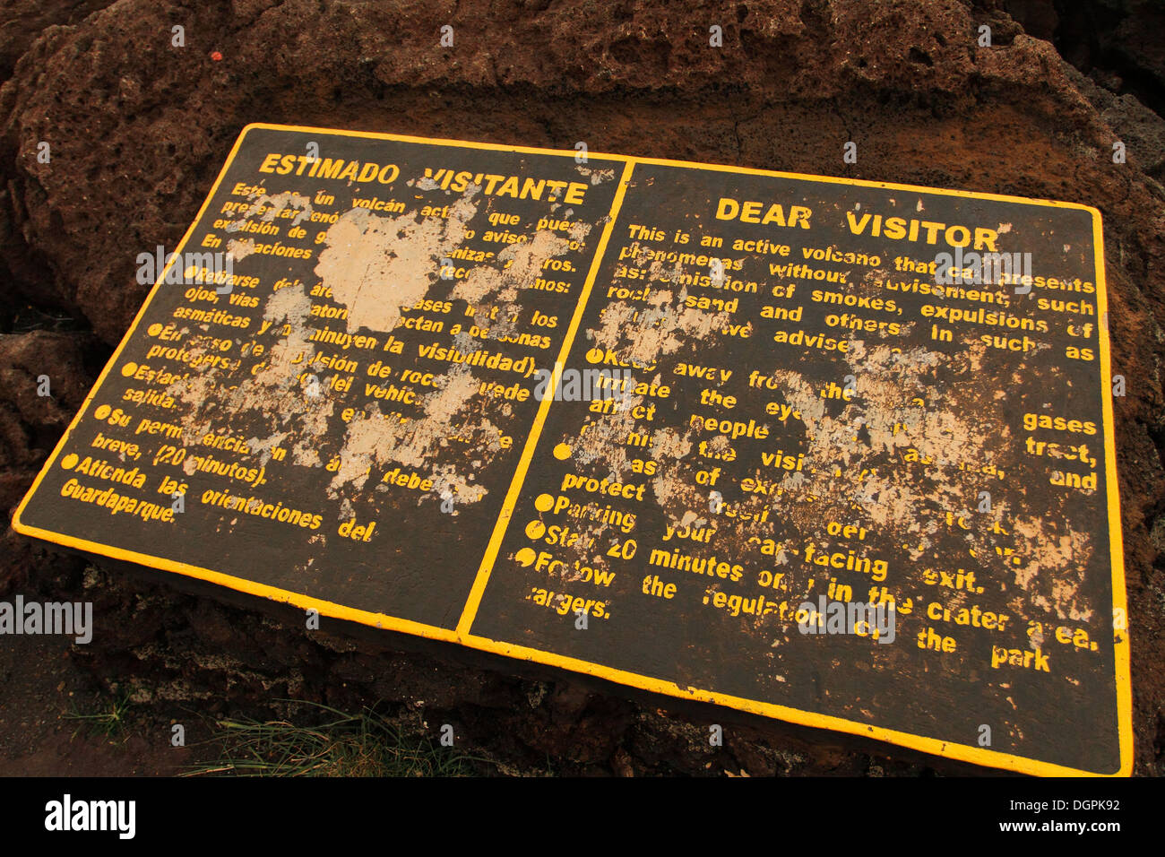 Cartel d'avertissement près du Volcan Masaya, au Nicaragua. Banque D'Images