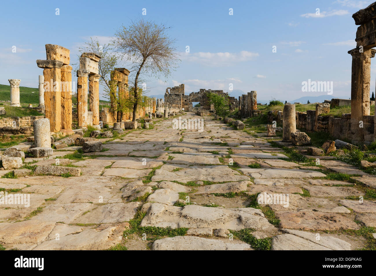 Rue avec colonnade, ville antique d'Hiérapolis, Pamukkale, Hiérapolis, près de la province de Denizli, Région de l'Egée, la Turquie Banque D'Images