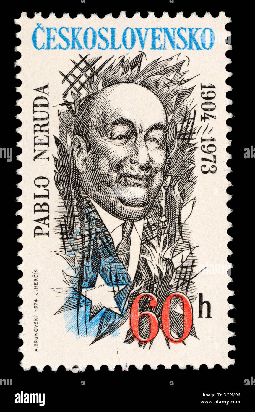 Timbre-poste de la Tchécoslovaquie - Pablo Neruda (nom de plume de Neftali Ricardo Reyes Basoalto;1904-73) voir description Banque D'Images