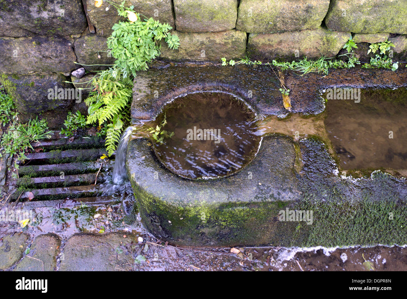 À une extrémité du bassin de l'auge de pierre sur la route, Mankinholes, Yorkshire, UK. Banque D'Images