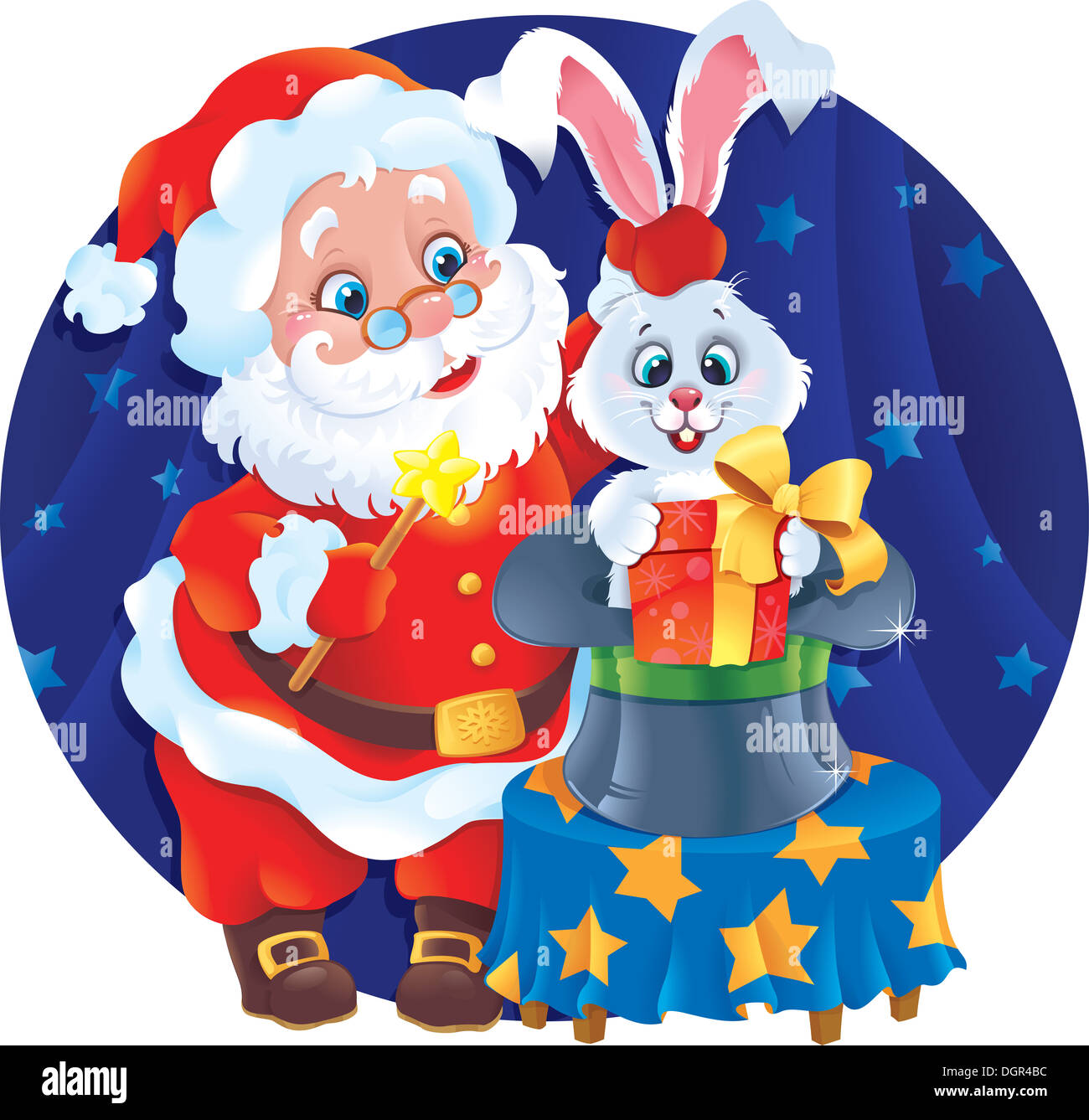 Santa Claus le magicien et Mignon lapin dans un chapeau Banque D'Images