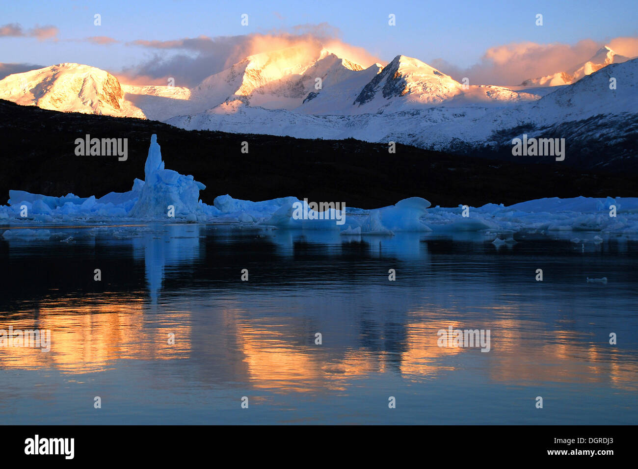 Lago argentino avec des icebergs, au lever du soleil près du glacier Perito Moreno, hautes Andes, près d'El Calafate, en Patagonie, Argentine Banque D'Images