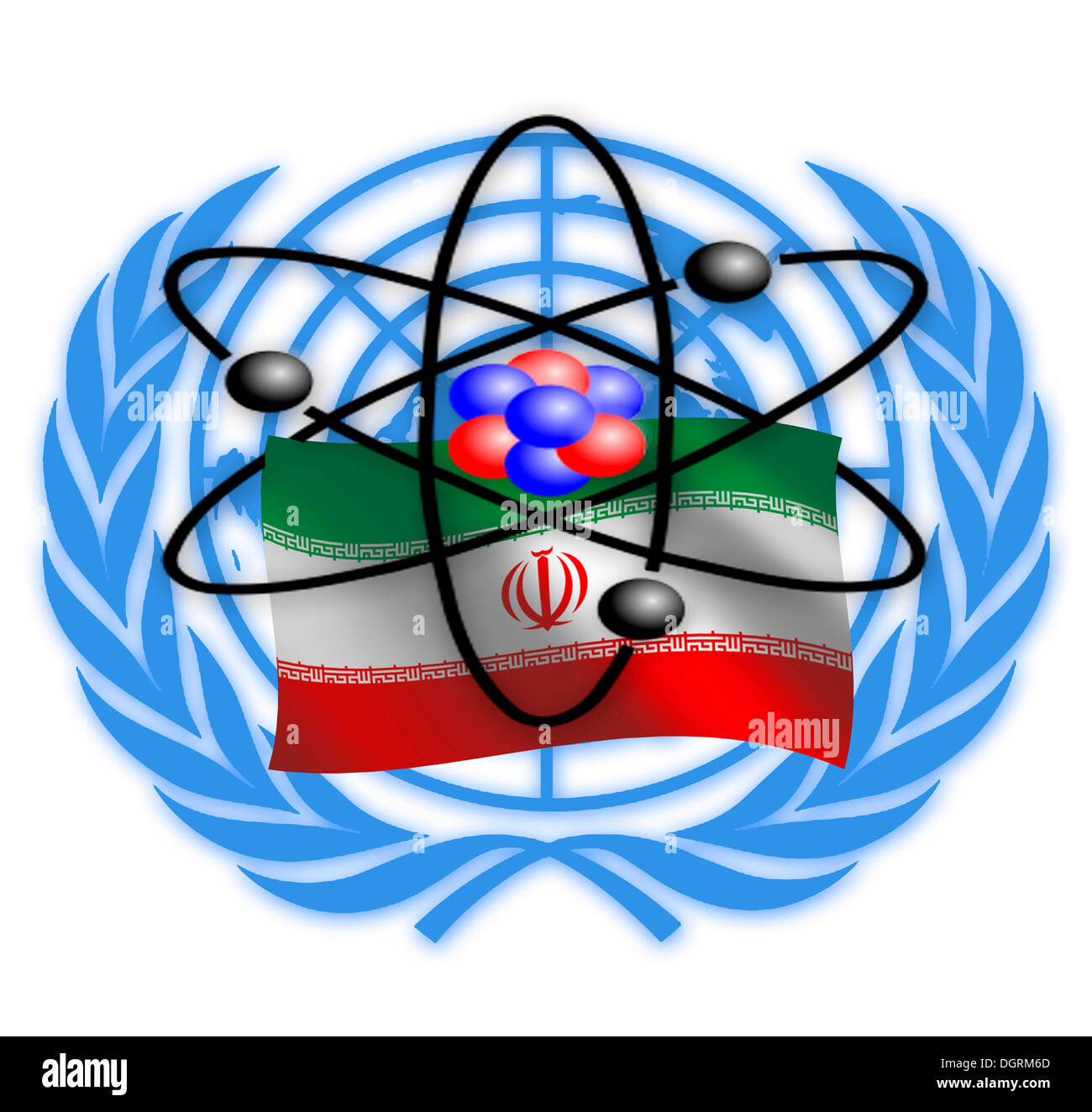 Image symbolique, conflit qui oppose l'Iran et l'Organisation des Nations Unies, la communauté internationale, illustration Banque D'Images