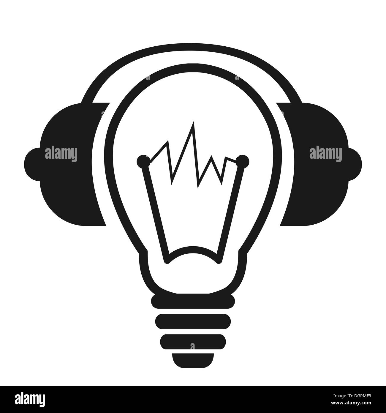 Logo noir d'ampoule avec écouteurs. Banque D'Images