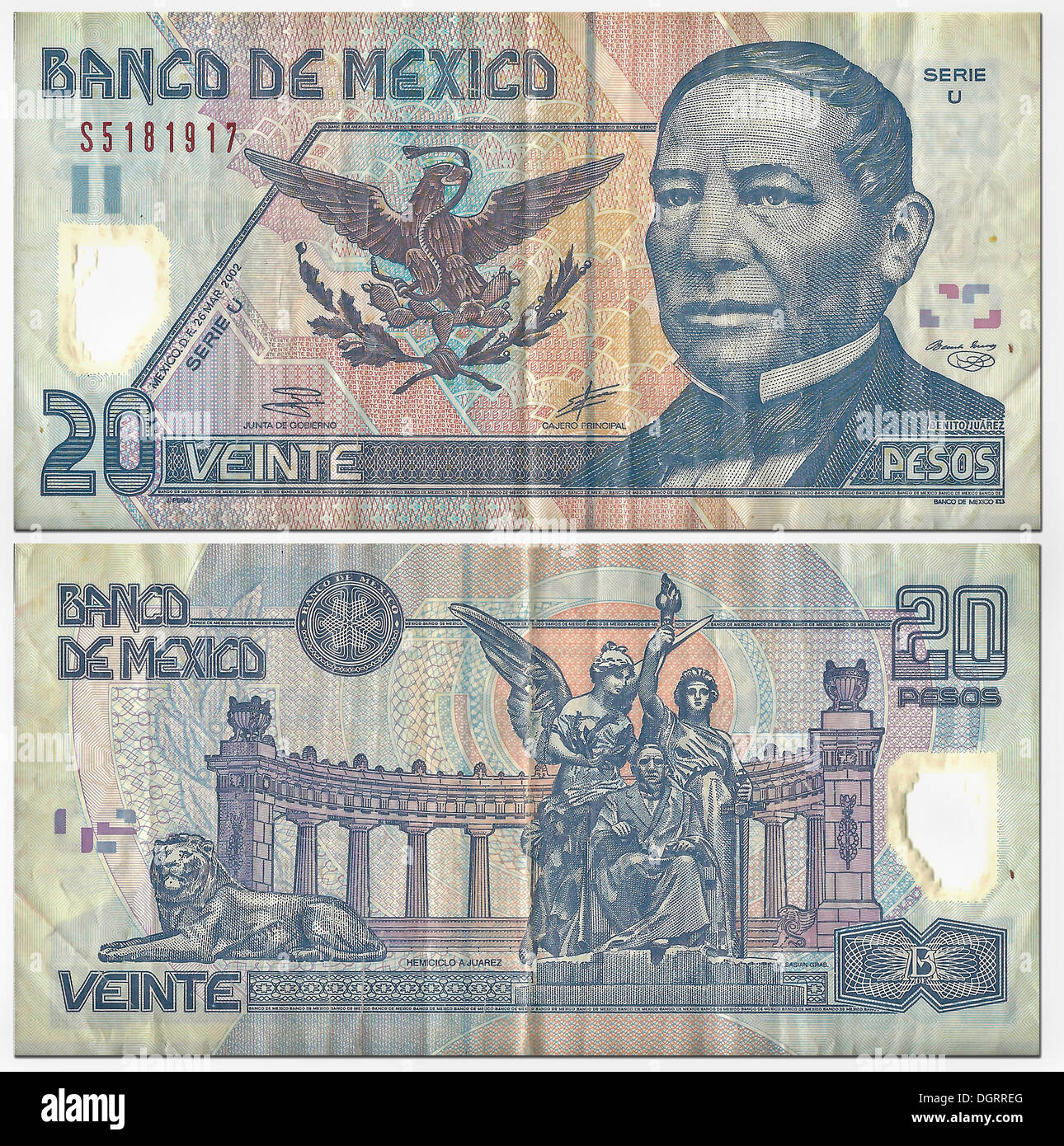 Billet historique, avant et arrière, 20 pesos, le Mexique, le Mexique, autour de 2002 Banco Banque D'Images