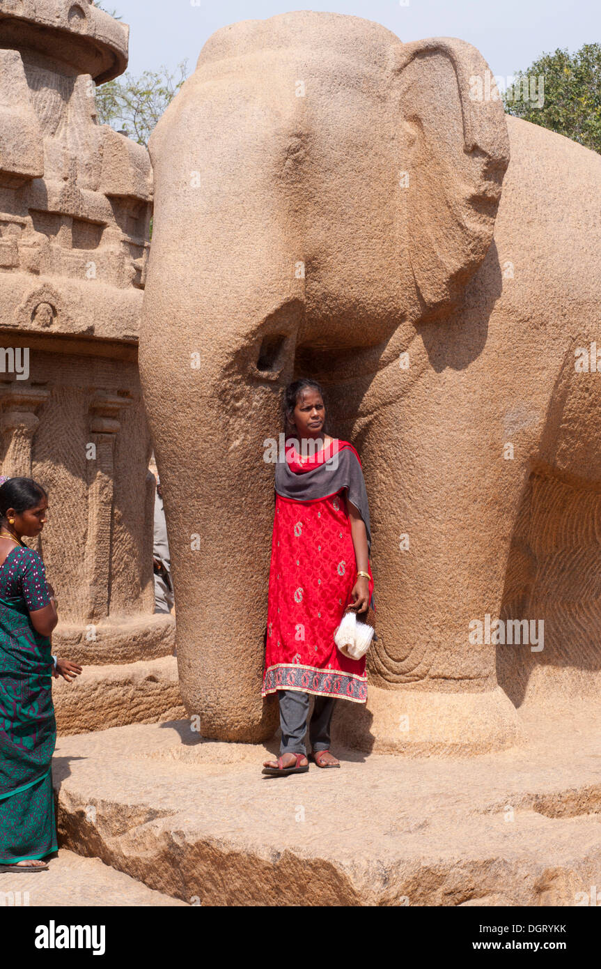 Grande sculpture de l'éléphant sur pieds dans le complexe du temple de Mahabalipuram, Mamallapuram, Mahabalipuram, Tamil Nadu, Inde Banque D'Images