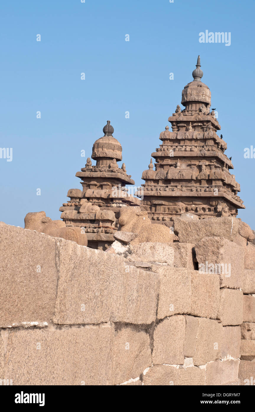 Shore Temple de Mahabalipuram, Mamallapuram, Mahabalipuram, Tamil Nadu, Inde Banque D'Images