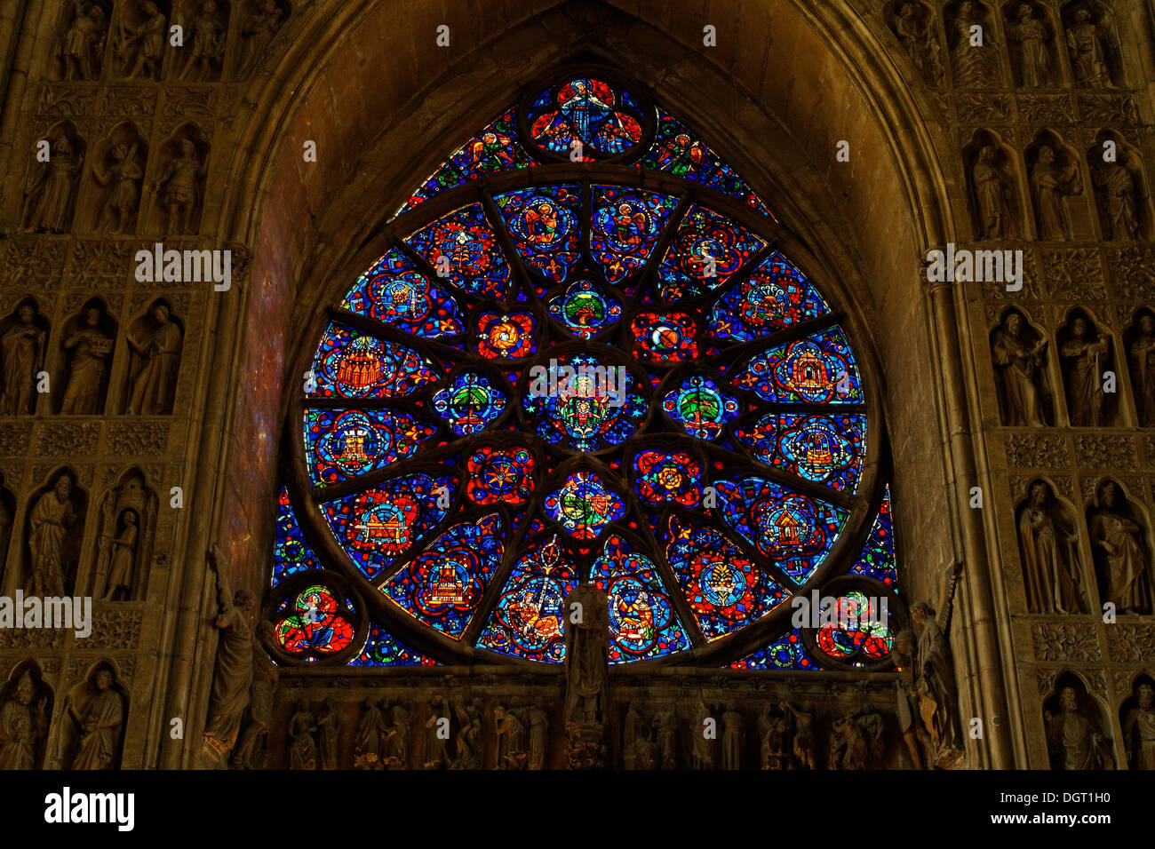 Cathédrale Notre-Dame, Reims, rosace dans la façade ouest, Via Francigena, département de la Marne, Région Champagne-Ardenne Banque D'Images