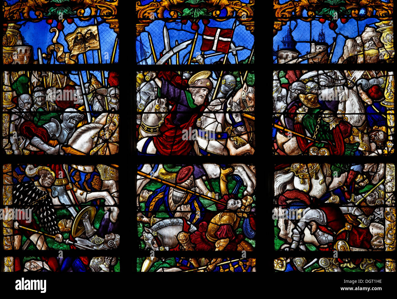 Saint Jacques en bataille avec les Maures, Collégiale de Notre-Dame-en-Vaux, les vitraux dans les bas-côtés de la Banque D'Images