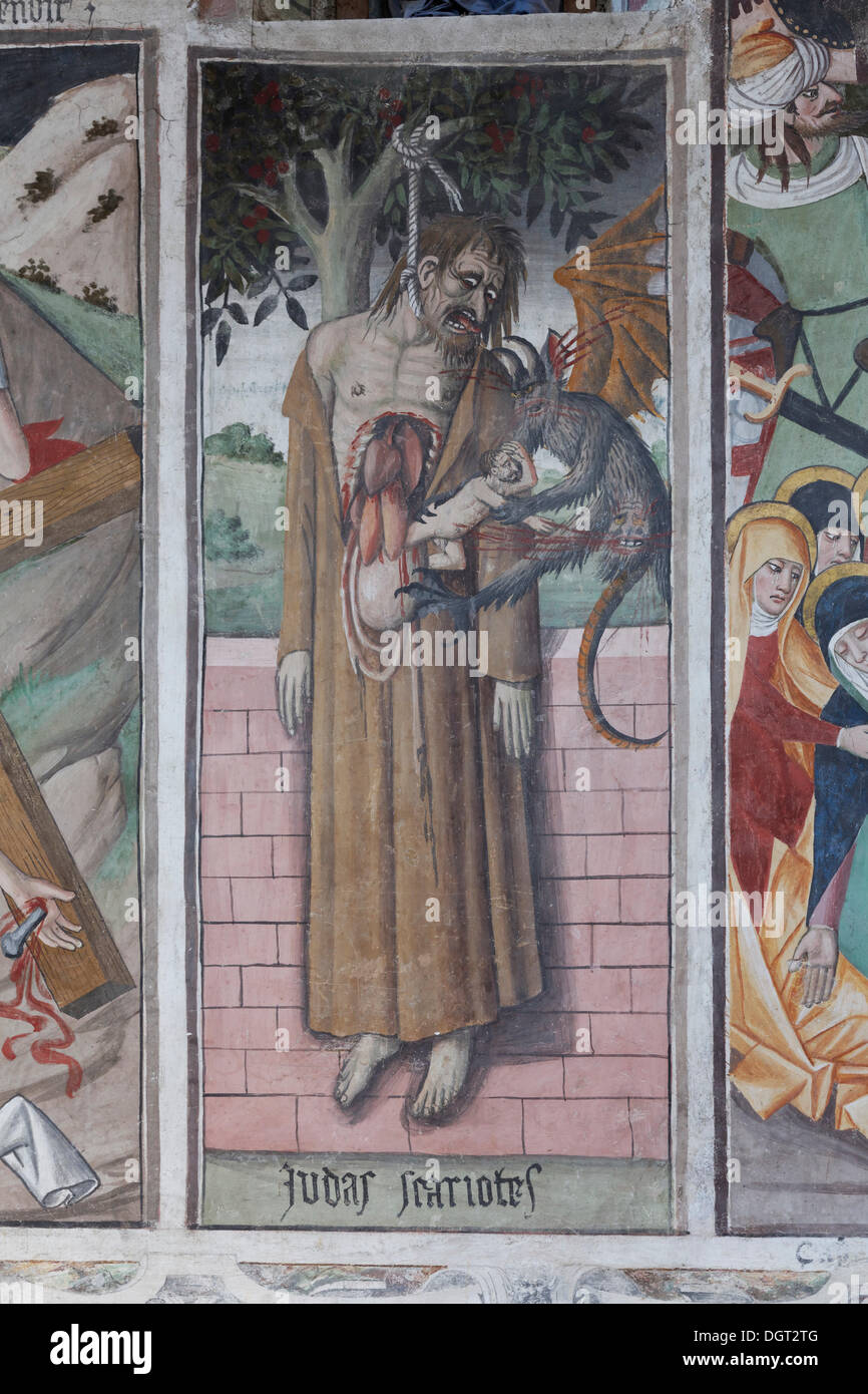 Peinture murale 'Judas Iscariot' dans la chapelle de pèlerinage Sanctuaire Notre-Dame des Fontaines, La Brigue, Département Banque D'Images