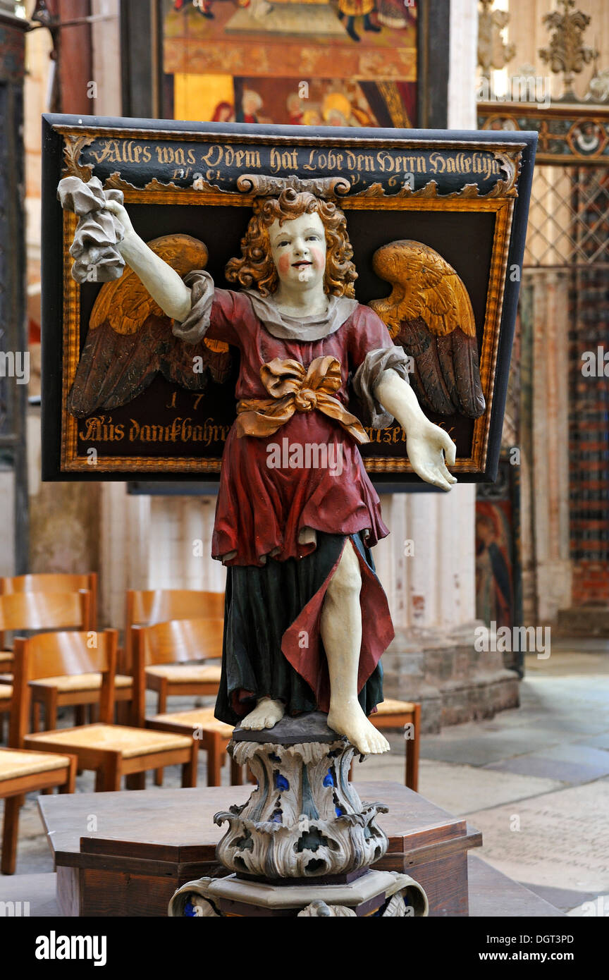 Angel, chaire sculpture, église de Sankt Nikolai, Église Saint Nicolas, Stralsund, Mecklembourg-Poméranie-Occidentale Banque D'Images