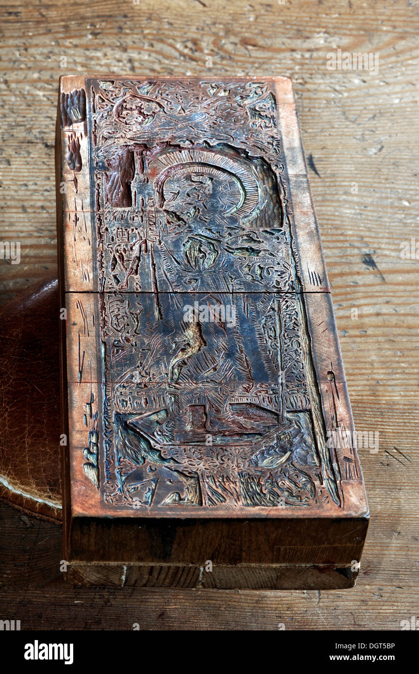 La plaque d'impression en relief en bois avec un motif chrétien par Duerer, exposition pièce, Albrecht Duerer House, centre historique Banque D'Images