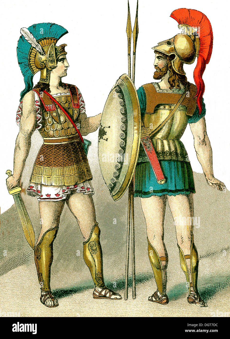 L'illustration, qui date de 1882, représente deux guerriers de la Grèce antique. Banque D'Images