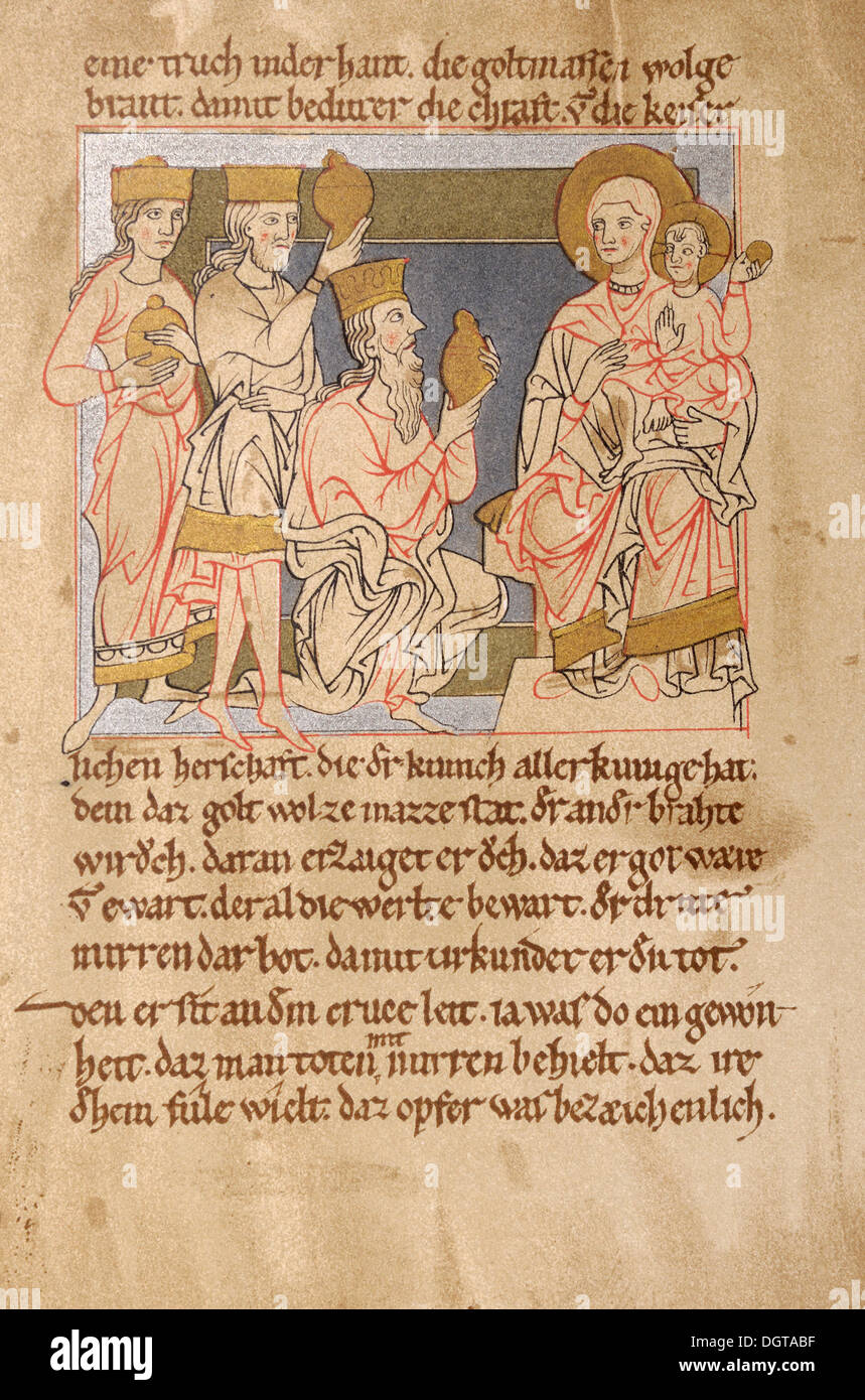 Fac-similé d'une page à partir de la 'Leben der Jungfrau Maria' ou 'Vie de la Vierge Marie", parchemin manuscrit par Wernher von Banque D'Images