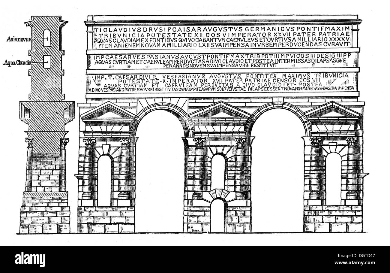 Aqueduc de Claudius à Rome, 52 AD, illustration, Meyers Konversations-Lexikon encyclopédie, 1897 Banque D'Images