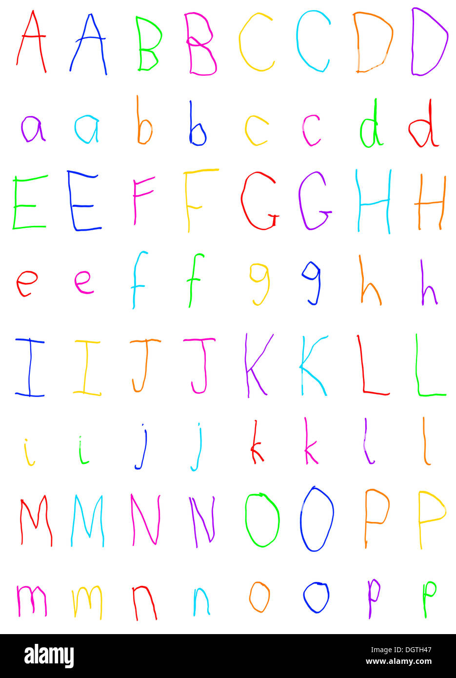 L'écriture de l'enfant Lettres Alphabet A à P Banque D'Images