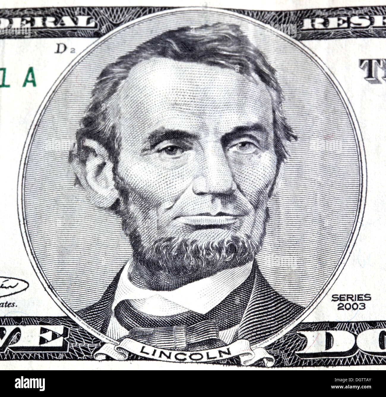 Portrait d'Abraham Lincoln en avant du cinq dollars Banque D'Images