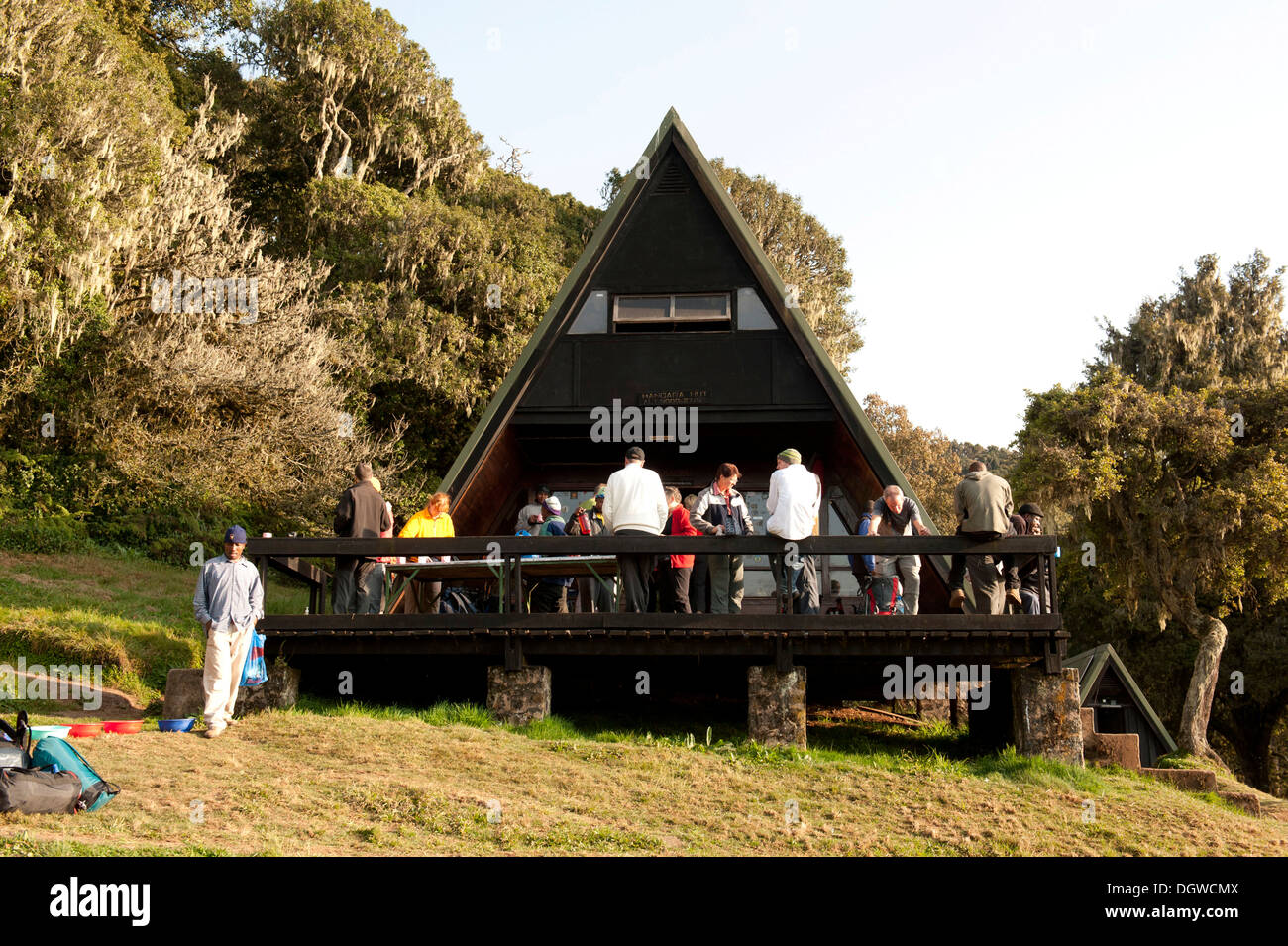 La randonnée, les touristes se détendre, cabane en bois, le Mandara Hut, Marangu Route, Kilimandjaro, Tanzanie, Massif de l'Afrique de l'Est, l'Afrique Banque D'Images