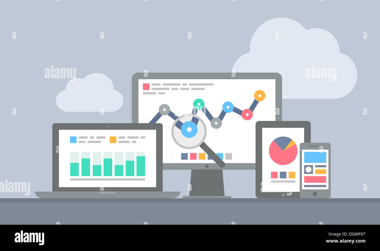 Modèle plat illustration concept d'analyse de sites web et d'informatique à l'aide de l'analyse des données électroniques modernes et les appareils mobiles Banque D'Images