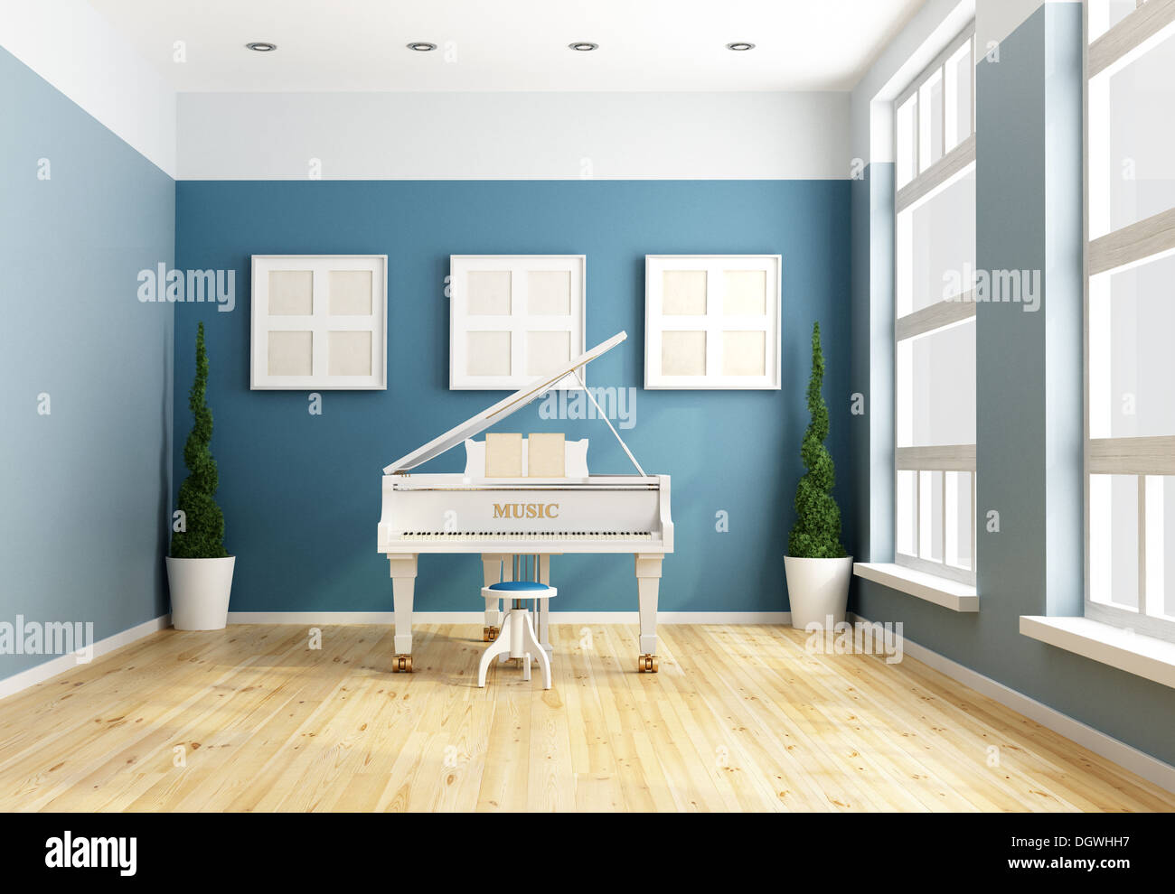 Musique de chambre bleue avec un grand piano blanc -rendering Banque D'Images