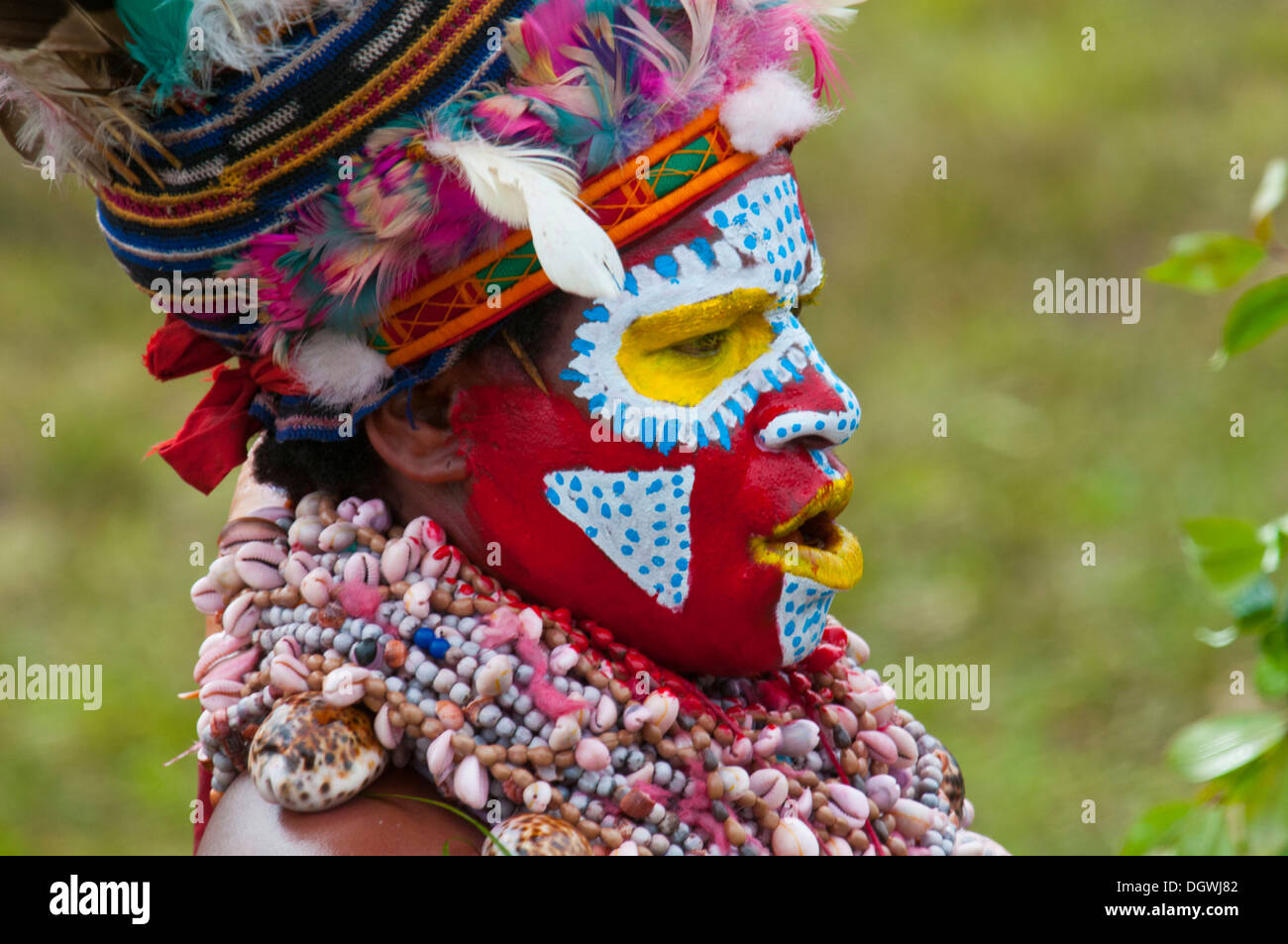 Membre d'une tribu dans un costume à la décoration colorée avec la peinture pour le visage à la traditionnelle collecte sing-sing, Hochland Banque D'Images