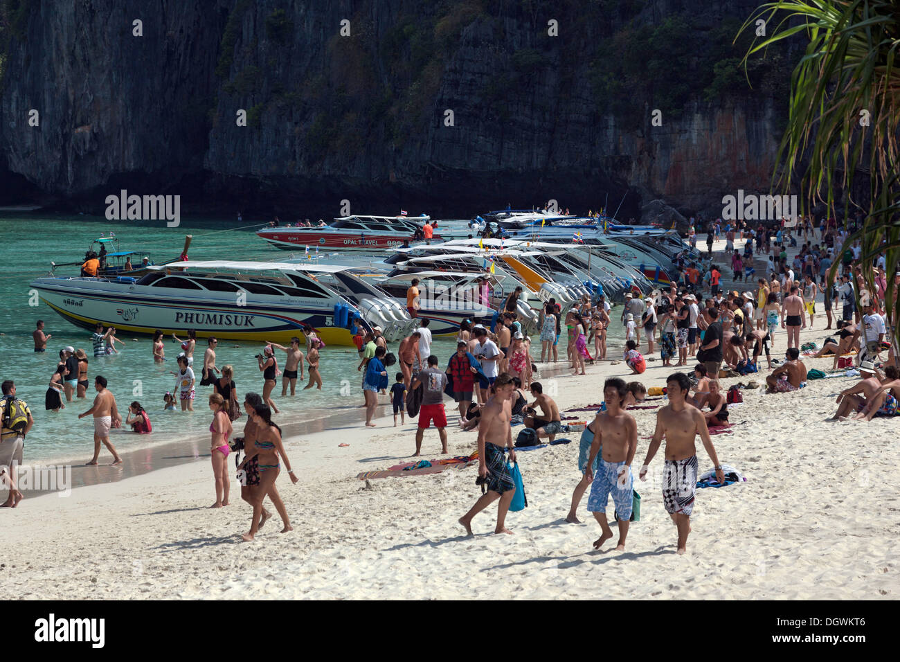Hors-bord et le tourisme de masse sur la plage de sable de Maya Beach, Ko Phi Phi Island, Phuket, Thailande, Asie Banque D'Images