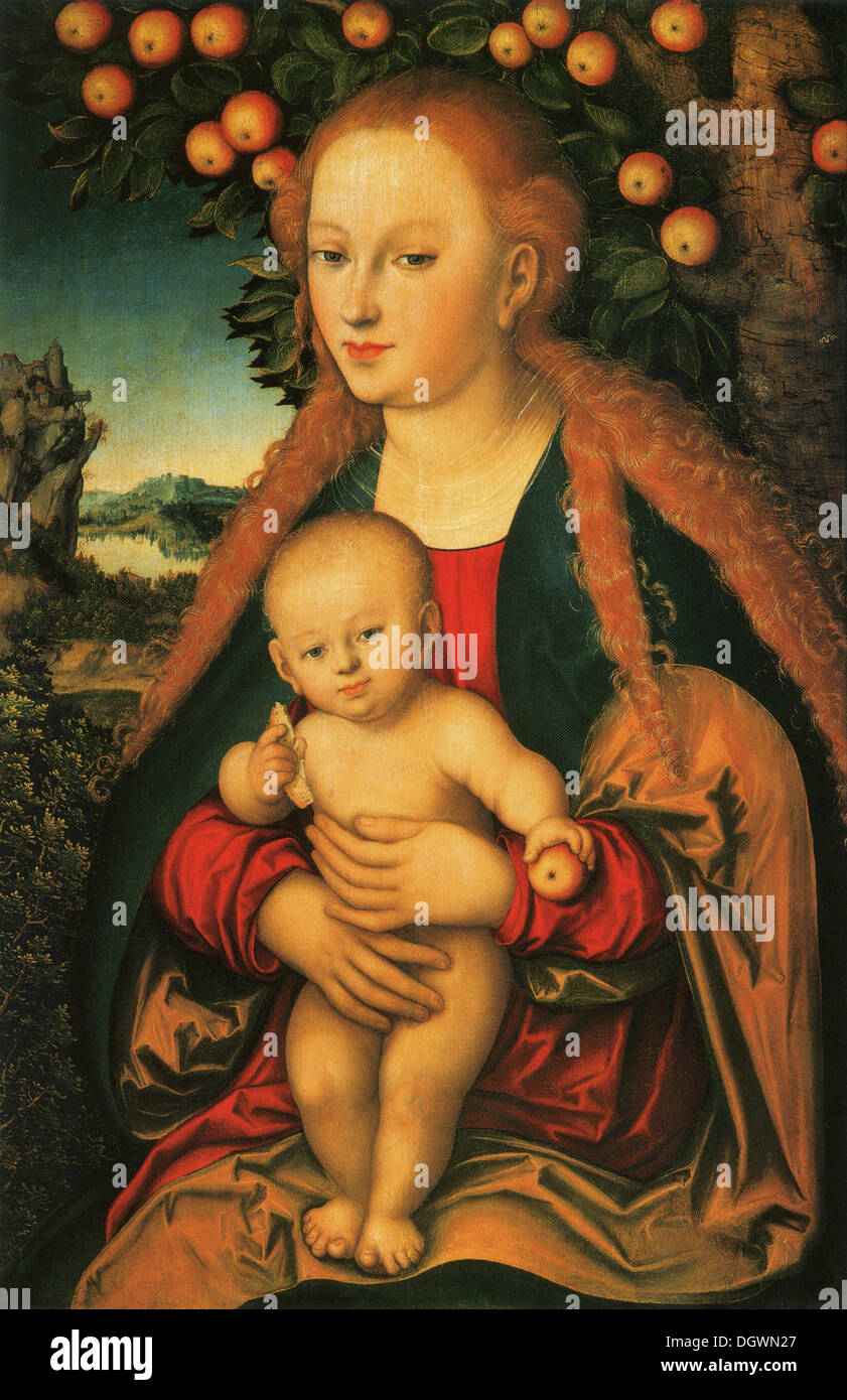 La Vierge et l'enfant sous un pommier - par Lucas Cranach le Vieux, 1530 Banque D'Images