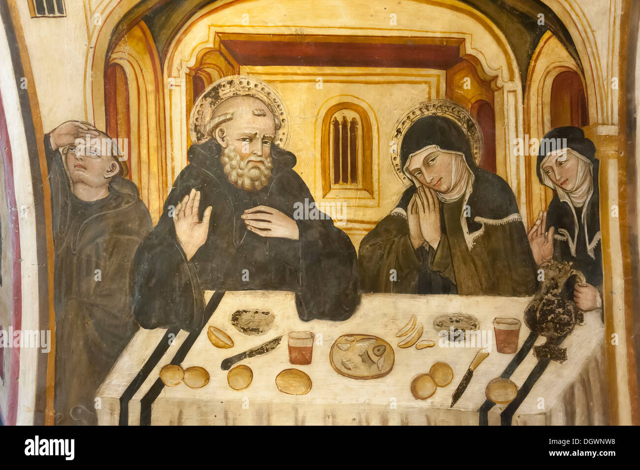 Le christianisme catholique, saint Benoît de Nursie et sainte Scholastique, avec des aliments et des boissons sur la table, de l'école ombrienne, fresque, Banque D'Images