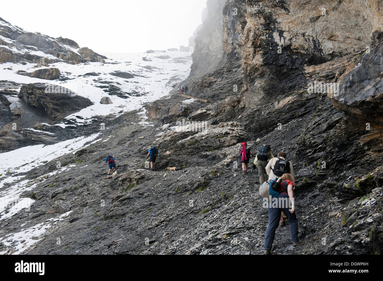 Sentier de randonnée Trek de l'ours, les randonneurs sur le chemin jusqu'à la note de passage à niveau rock sombre avec des restes de neige, Col Hohtürli, Kandersteg Banque D'Images