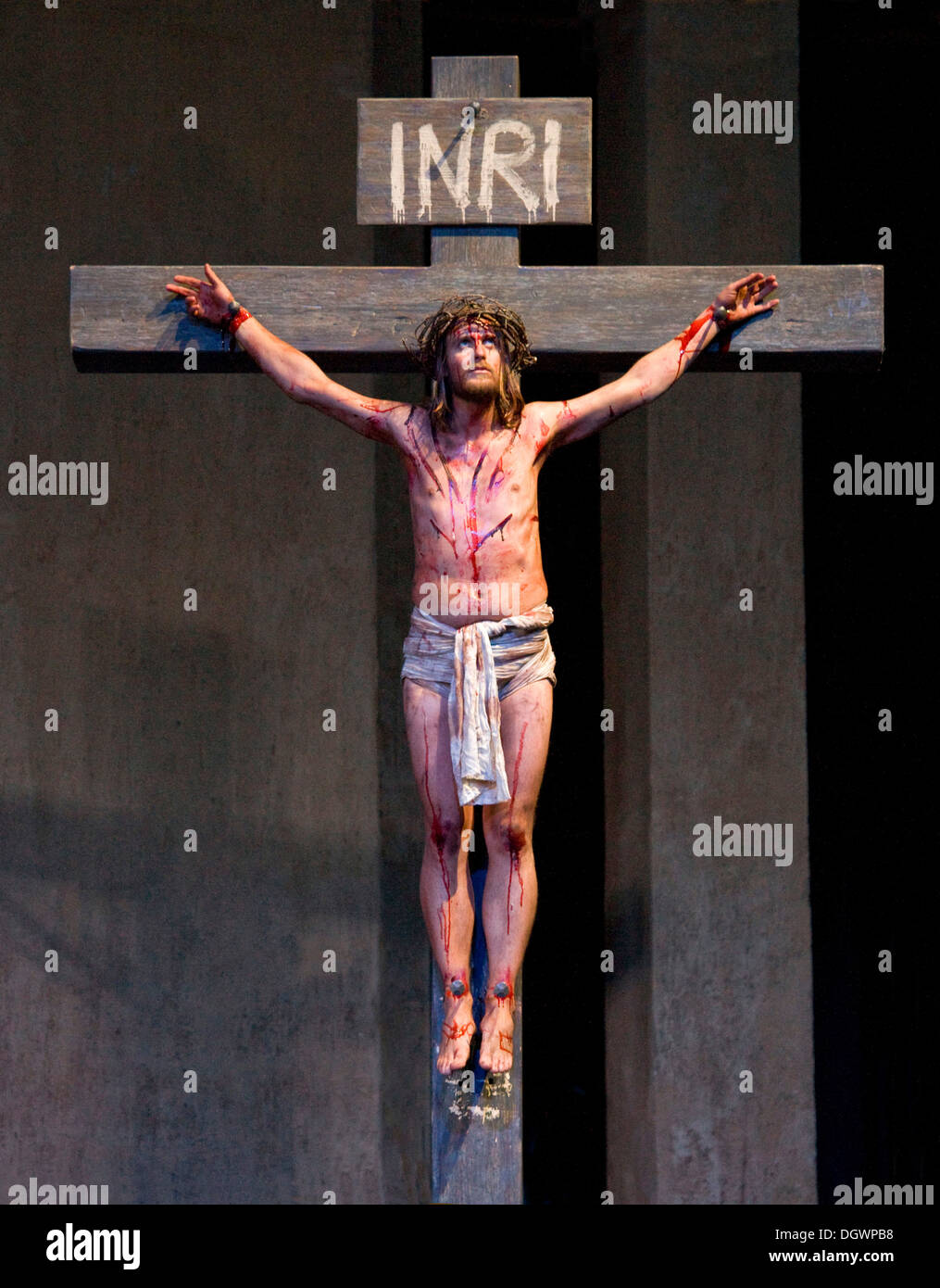 La crucifixion de Jésus Christ, Passion Play 2010, Oberammergau, Bavière Banque D'Images