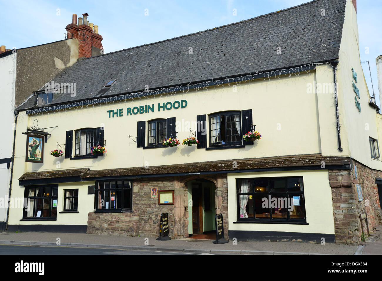 15e siècle Le Robin Hood Inn, rue Monnow, Monmouth, Monmouthshire, Wales, Royaume-Uni Banque D'Images