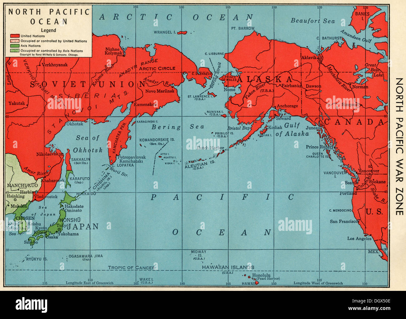 Ancienne carte de zone de guerre du Pacifique Nord dans la DEUXIÈME GUERRE MONDIALE, 1940 Banque D'Images