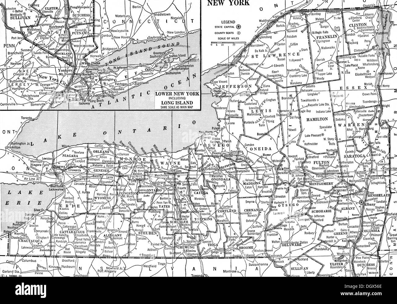 Carte ancienne de l'état de New York, 1930 Banque D'Images