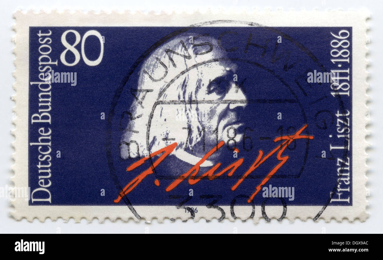 Allemagne timbre-poste représentant Franz Liszt, un 19e siècle le compositeur hongrois, le pianiste virtuose, et chef d'orchestre Banque D'Images