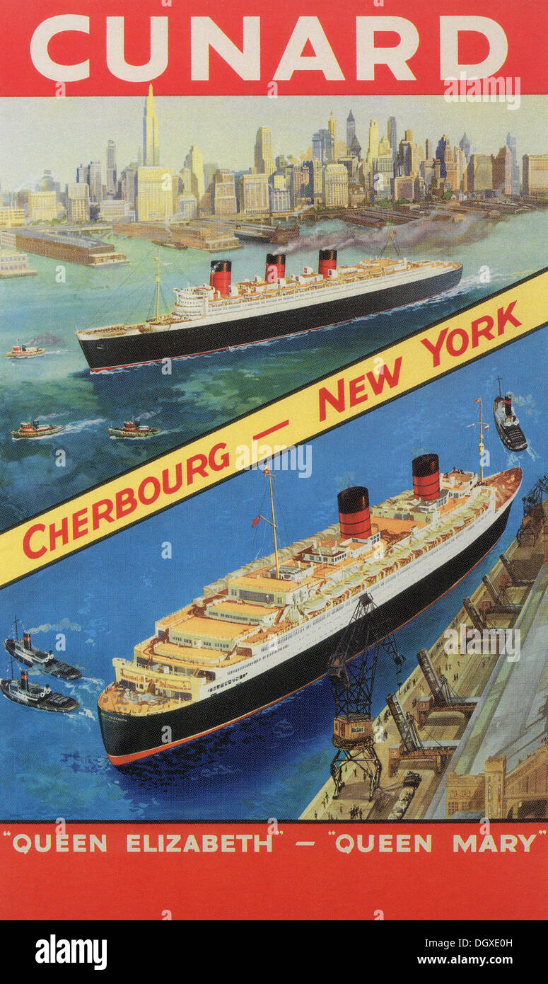 La Cunard Queen Mary et Queen Elizabeth croisière White Star Line annonce vintage travel poster - éditorial uniquement. Banque D'Images