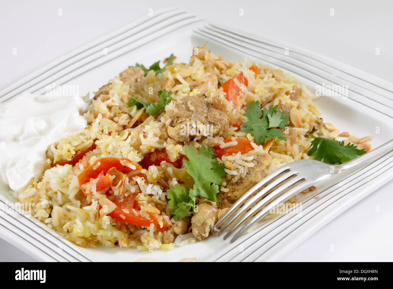 Poulet biriyani faits maison, garnie de feuilles de coriandre et d'amande grillée, flocons et servi avec une cuillerée de yogourt. Banque D'Images