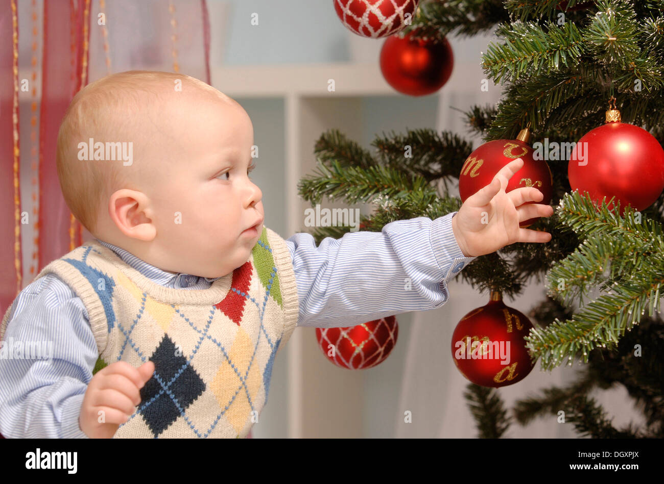 Tout-petit pour atteindre baubles on a Christmas Tree Banque D'Images