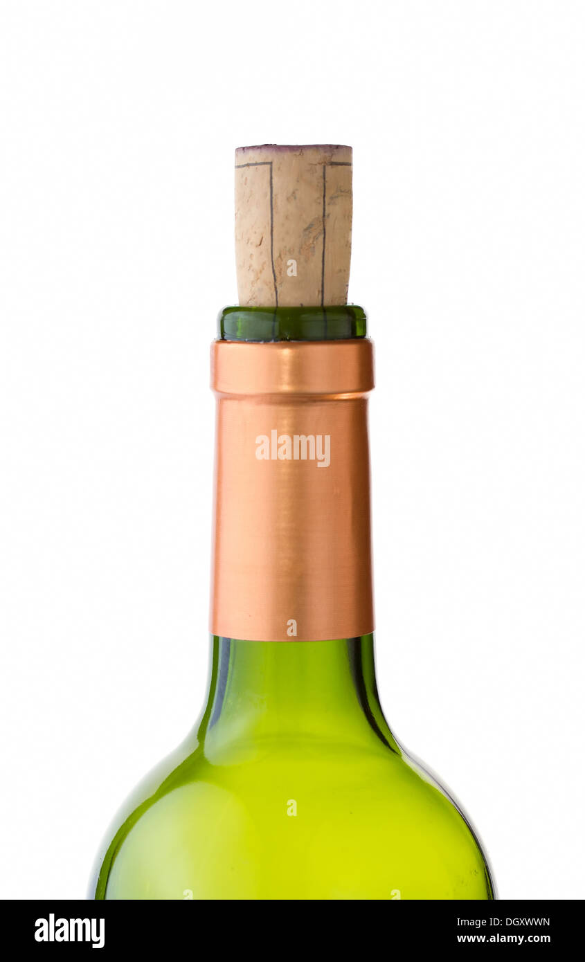 Bouteille de vin avec bouchon vert sur blanc Banque D'Images