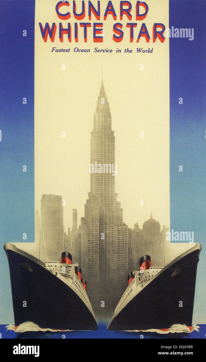La Cunard Queen Mary et Queen Elizabeth croisière White Star Line annonce vintage voyage poster, 1939 - éditorial uniquement. Banque D'Images