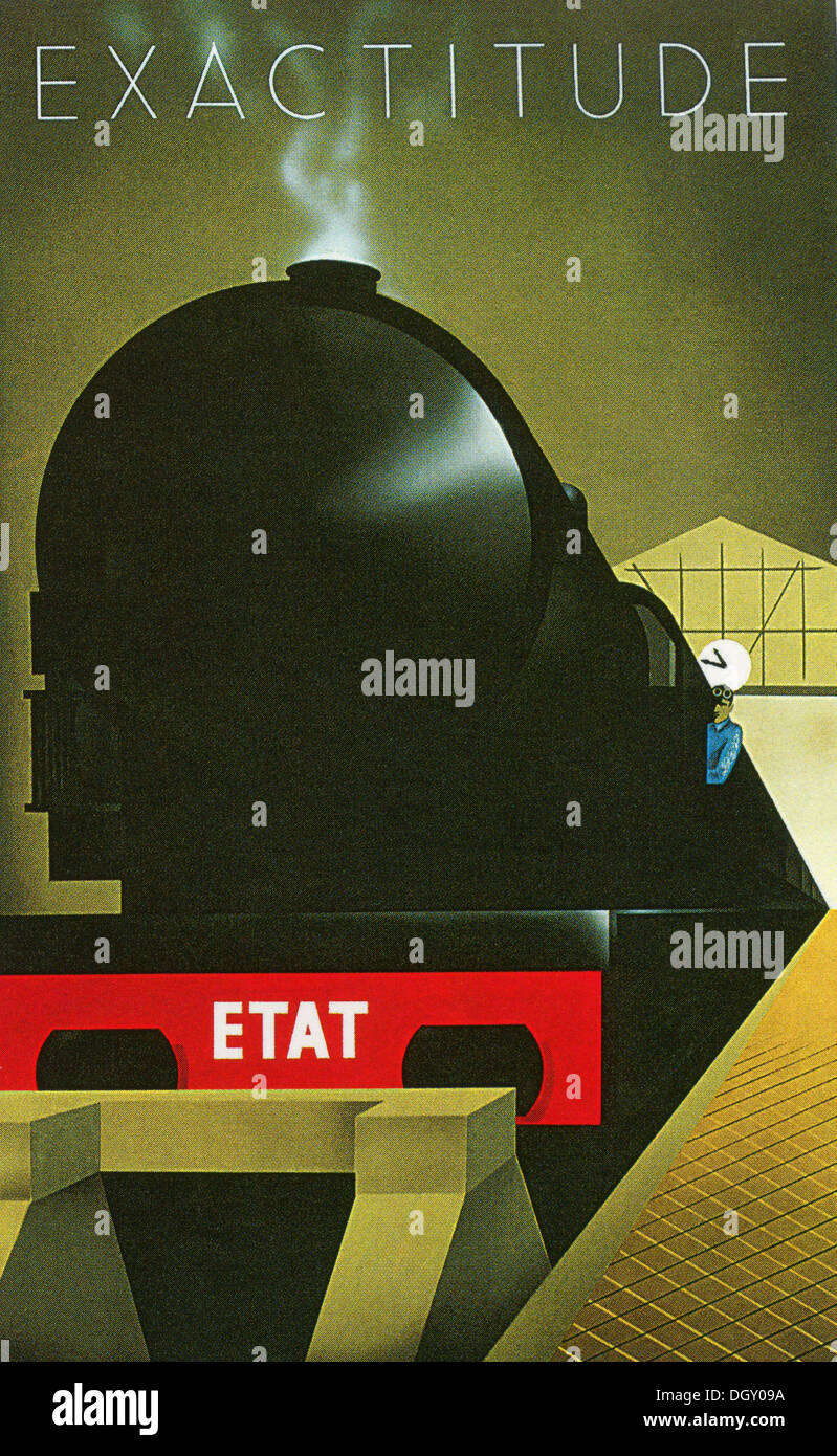 Exactitude de l'affiche Art Déco Vintage Voyage en train, en 1929 - un usage éditorial uniquement. Banque D'Images