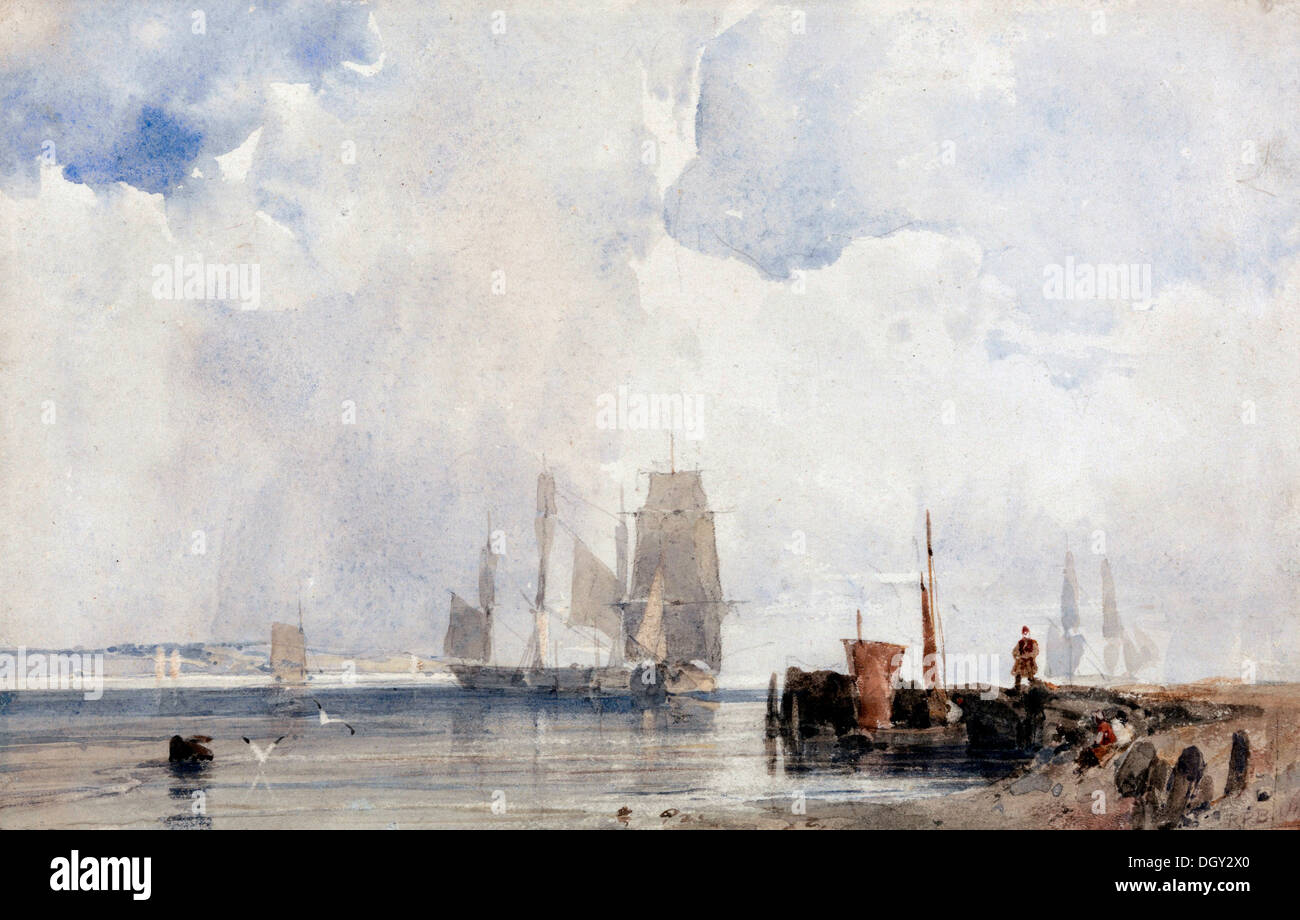 Pesne, voyage dans un estuaire, probablement près de Quilleboeuf 1825-1826. Aquarelle sur papier. Banque D'Images