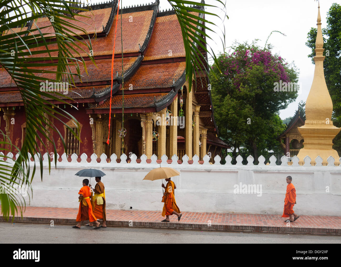 Un groupe de quatre (4) moines à pied passé Wat Sen temple bouddhiste à Luang Prabang, Laos. Banque D'Images