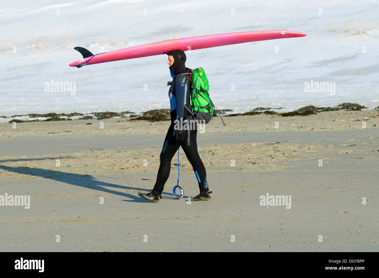 Surfer carrying surfboard sur sa tête, ski nautique, plage de Unnstad, île de Vestvågøya, îles Lofoten, dans le Nord de la Norvège Banque D'Images