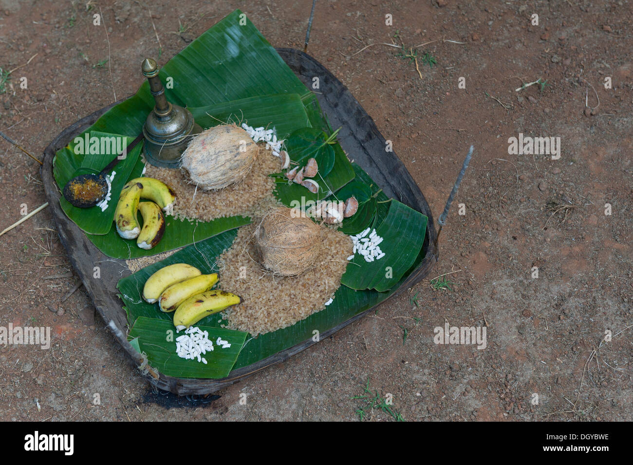 Offrandes rituelles sur une feuille de bananier, cérémonie Theyyam dans Kasargod, Kerala, Inde du Sud, Inde, Asie Banque D'Images