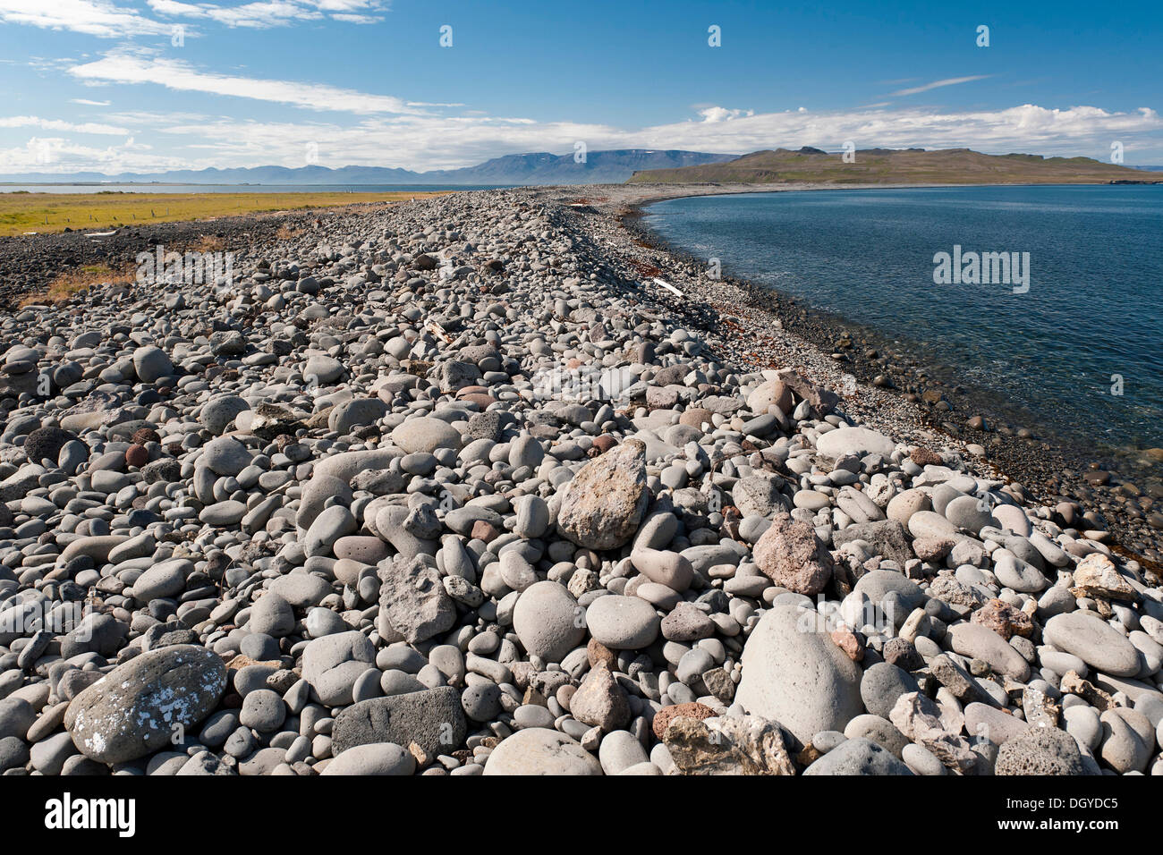 Plage avec de gros rochers près de l'île de Drangey, Hofsós, Skagafjoerdur bay, dans le nord de l'Islande, Islande, Europe Banque D'Images