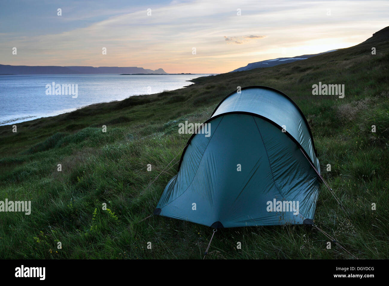 Tente, Unadsdalur, Hornstrandir, Fjords de l'Ouest, l'ouest de l'Islande, Islande, Europe Banque D'Images