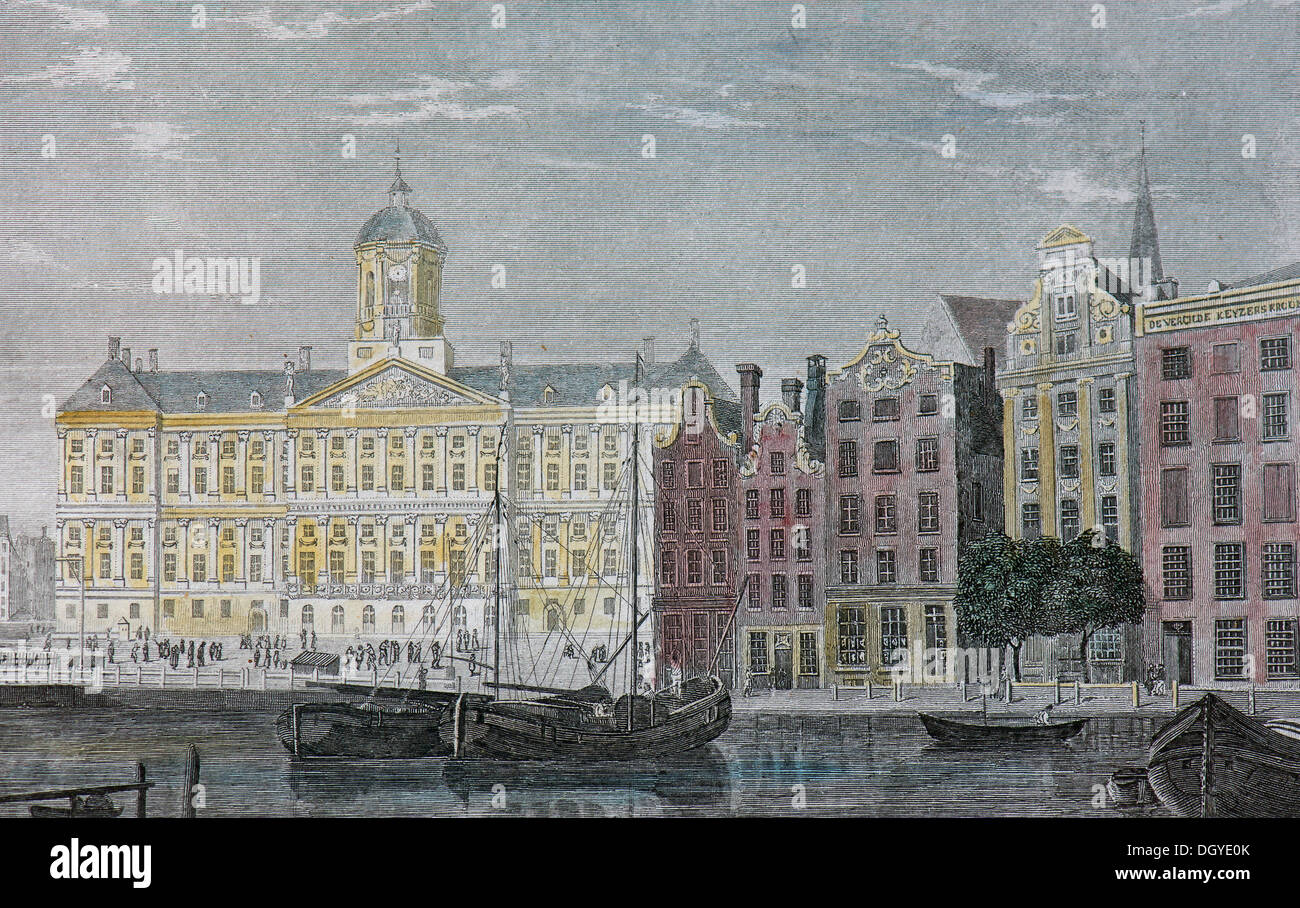 Le Palais Royal à Amsterdam, Pays-Bas, illustration historique, gravure sur acier, de l'Institut bibliographique Banque D'Images