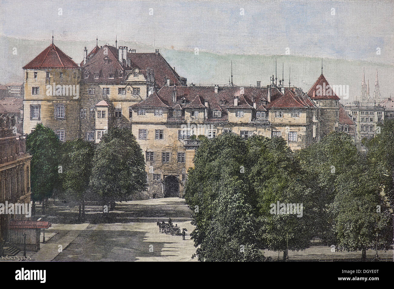Vieux château, la place Karlsplatz, Stuttgart, Allemagne, Baden-Wuerttembertg, une illustration historique colorée à la main, vers 1860 Banque D'Images